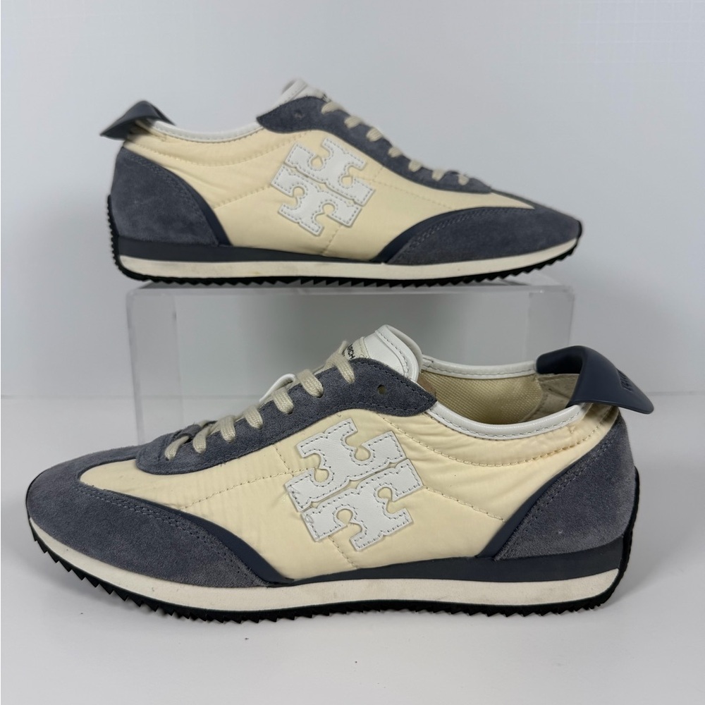 Tory Burch T-Logo Nylon Suede Vintage Sneaker 2.0 in Beige/Gray New Size 7 W